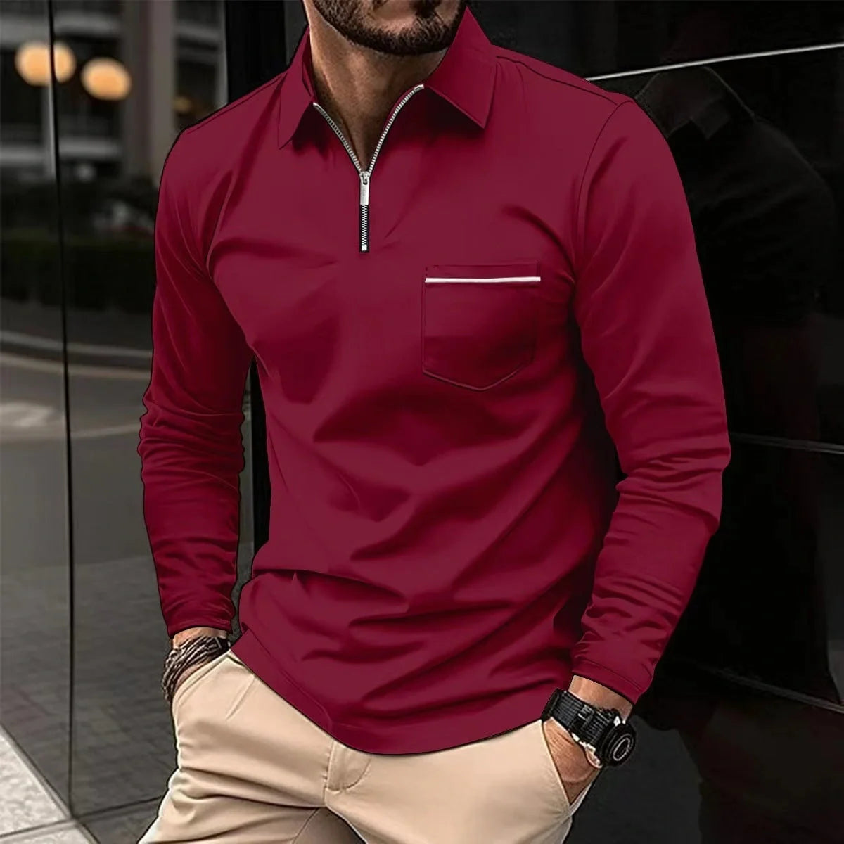 Men's long-sleeved sports polo shirt in various colours for athletic and casual wear