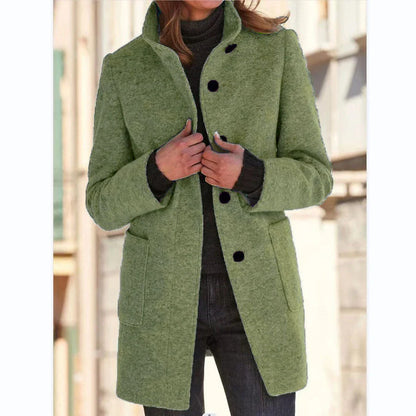 Fashionable wool coat with stand collar and pockets for women's fall/winter outerwear
