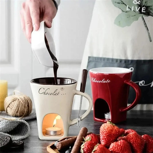 Ceramic fondue set with individual pots for making chocolate, cheese or ice cream fondues at home