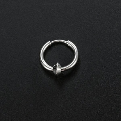 Stainless steel triangular hoop earrings in white, black, and gold options