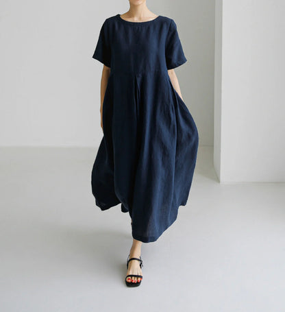 Relaxed Linen and Cotton Round Neck Dress in Navy Blue, Army Green, and Apricot Colours
