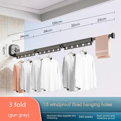 Aluminium suction cup folding clothes hanger with retractable drying rack for space-saving laundry drying