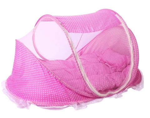Foldable baby mosquito net bed with soft mattress and pillows, providing a safe and comfortable sleeping environment for infants and toddlers.