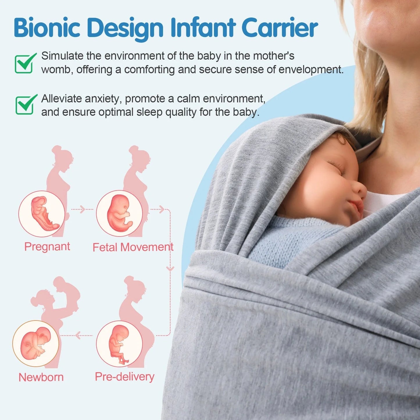 Polyester baby carrier wrap in various colors for front and back carrying