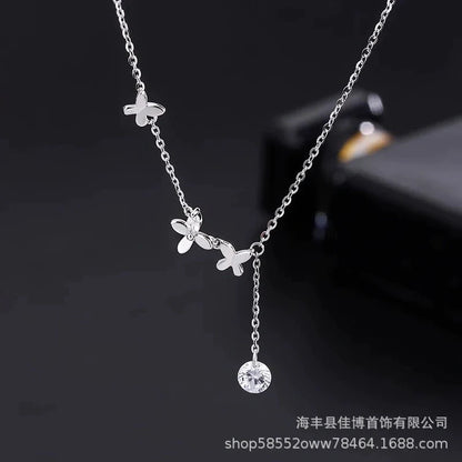 S925 Sterling Silver Butterfly Zircon Anklet with Flower Tassel in white gold colour