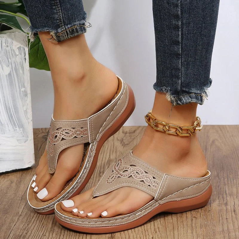 Women's clip toe wedge sandals with rhinestone accents in black, dark grey, and off-white