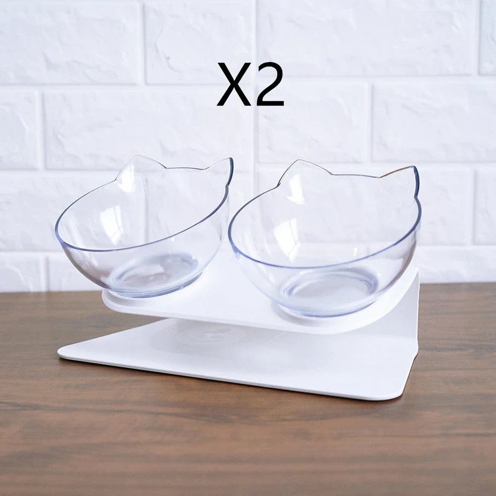 Elevated tilted pet bowl with non-slip stand in transparent, white, and black color options