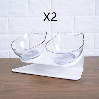 Elevated tilted pet bowl with non-slip stand in transparent, white, and black color options