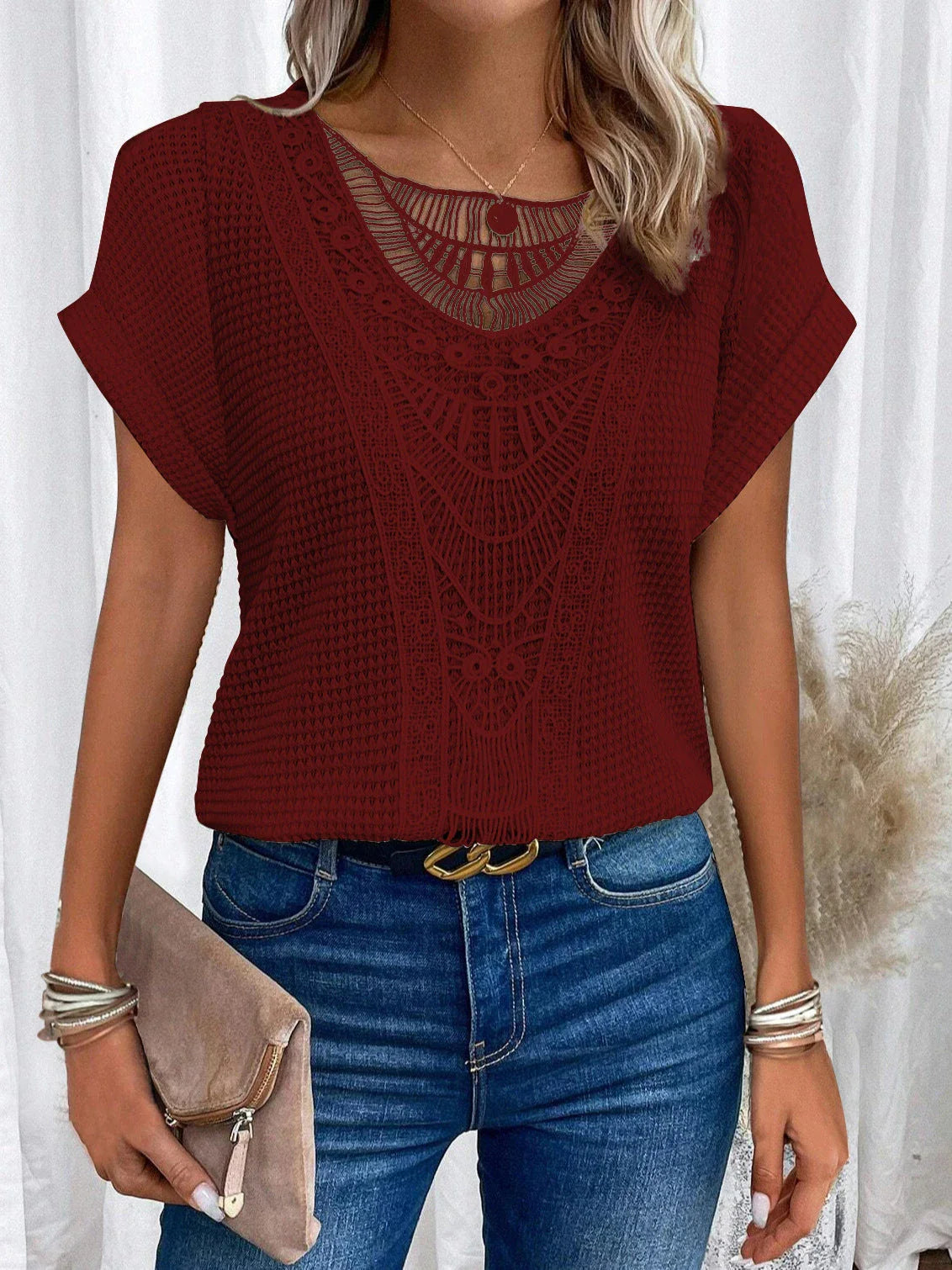 Trendy hollowed-out short-sleeve t-shirt for women in various colors and sizes