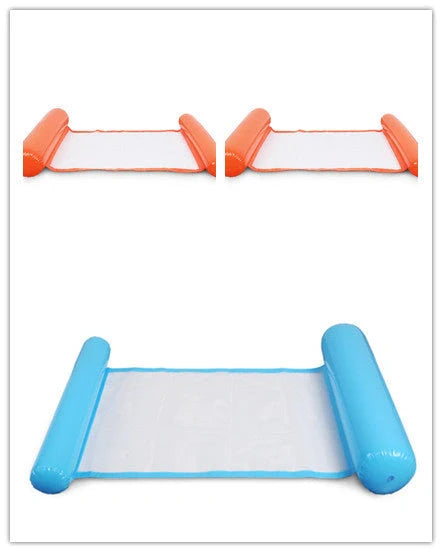 Inflatable water lounge chair in blue, floating in pool with hammock-style design