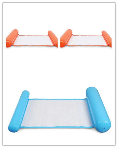 Inflatable water lounge chair in blue, floating in pool with hammock-style design