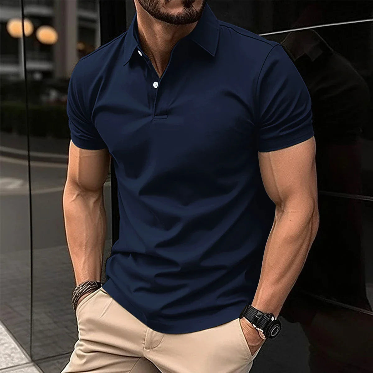Premium Short Sleeve Polo Shirt for Men in Solid Color with Button Lapel Design