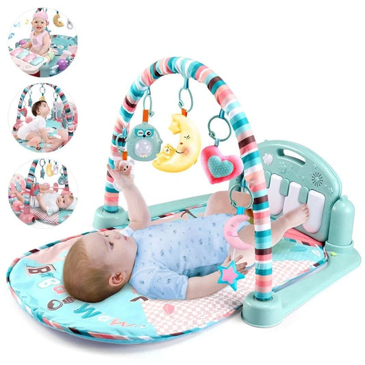 Interactive baby play mat with piano keyboard and bear rattle for sensory development