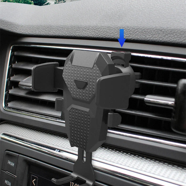 Universal car phone holder attached to air conditioning outlet, holding smartphone securely