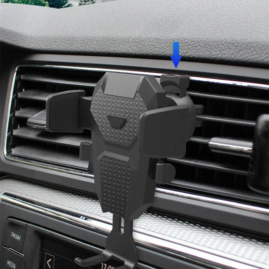 Universal car phone holder attached to air conditioning outlet, holding smartphone securely