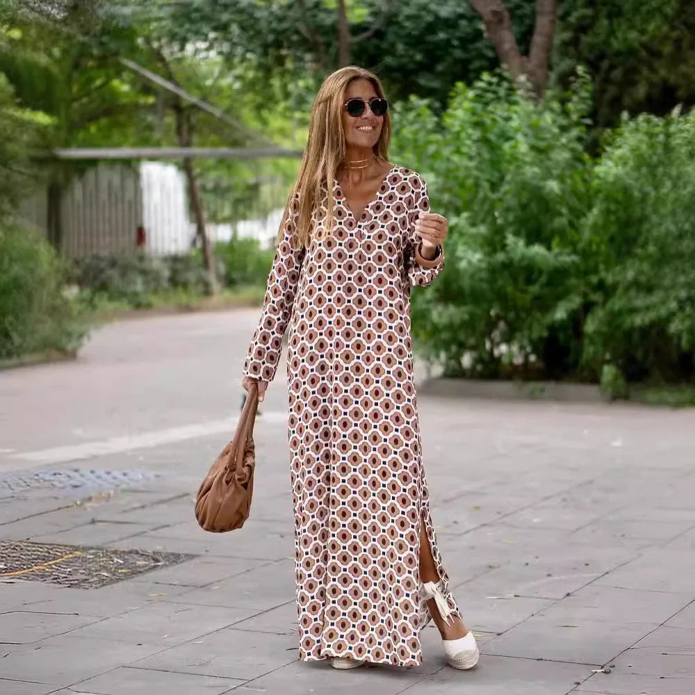 Stylish women's geometric print V-neck long dress in various colours
