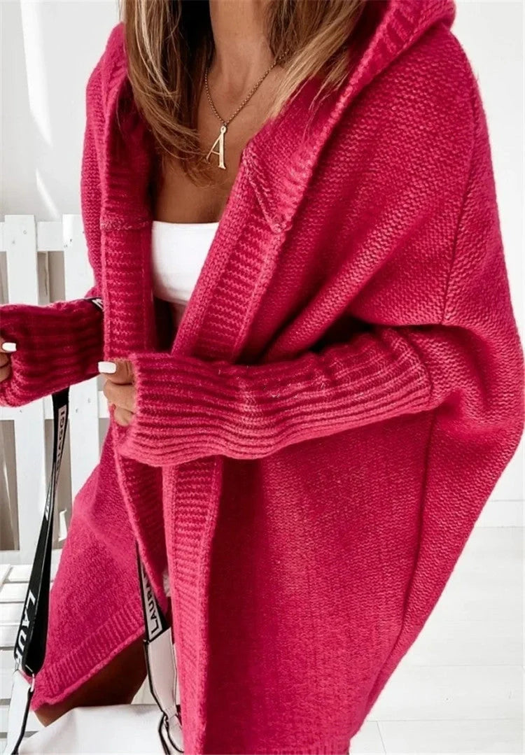 Women's bat sleeve hooded cardigan in sheep wool blend, available in multiple colours
