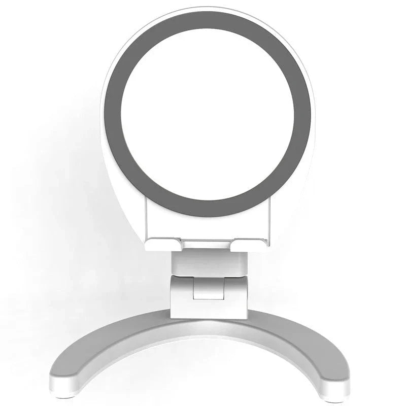 Adjustable makeup mirror phone holder with various angle and color options for hands-free mobile use, grooming, and entertainment.