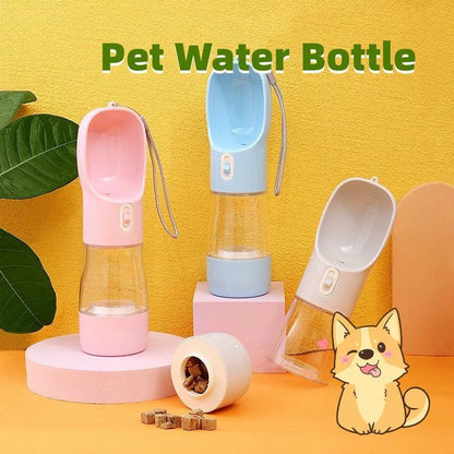 Portable pet water bottle and food bowl made of durable plastic, available in multiple colors for outdoor adventures with your furry friend.