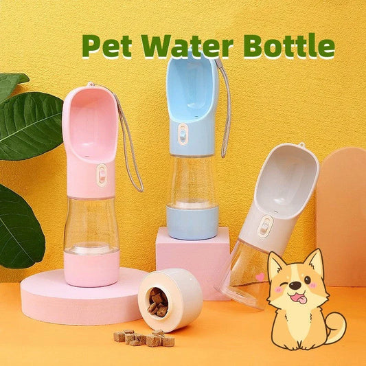 Portable pet water bottle and food bowl made of durable plastic, available in multiple colors for outdoor adventures with your furry friend.