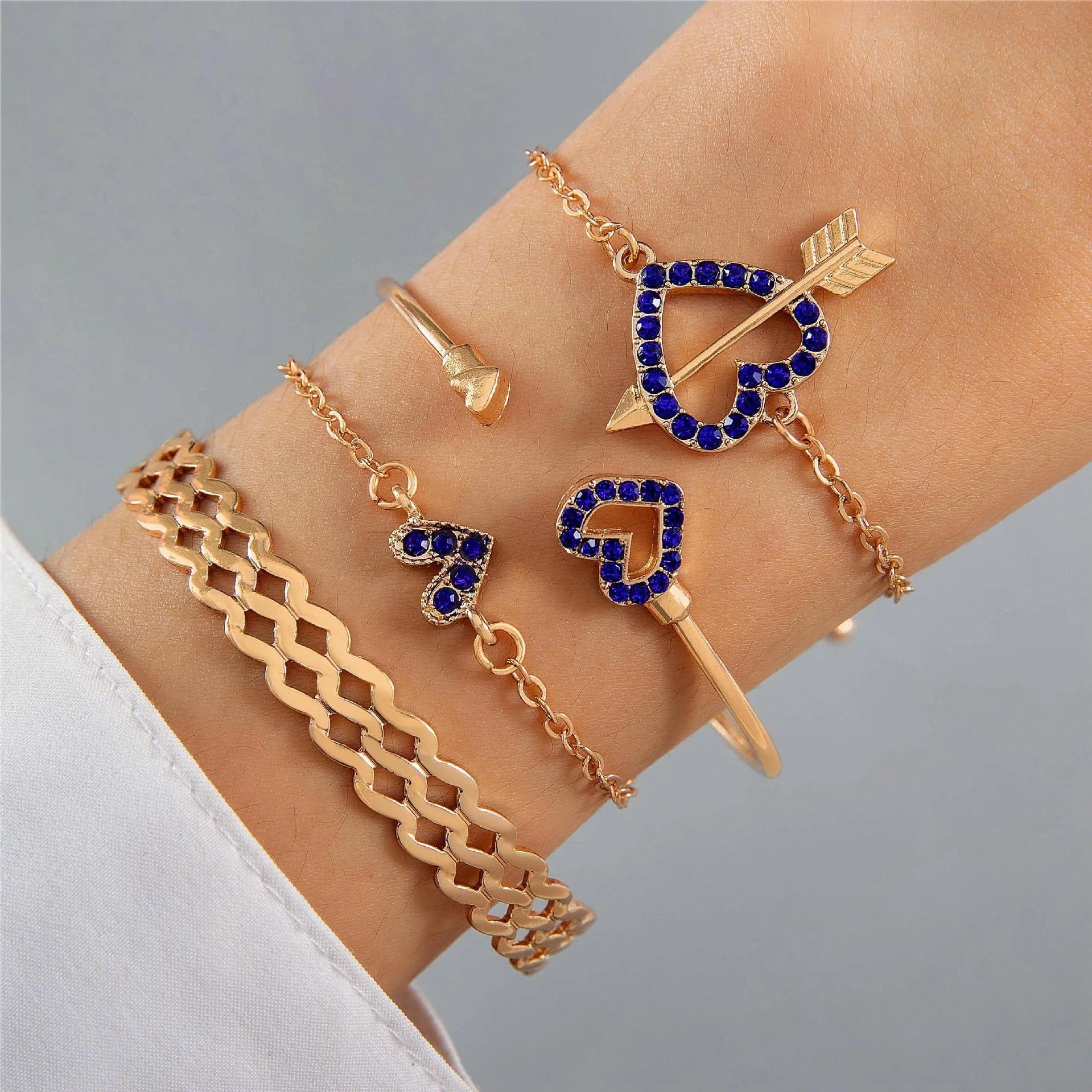 4-piece Blue Flower Love Butterfly Bracelet Set with Rhinestones for Valentines Day