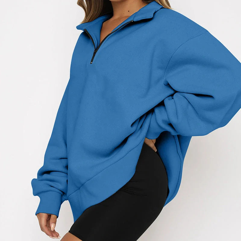 Women's zip turndown collar loose casual sweatshirt in various colours