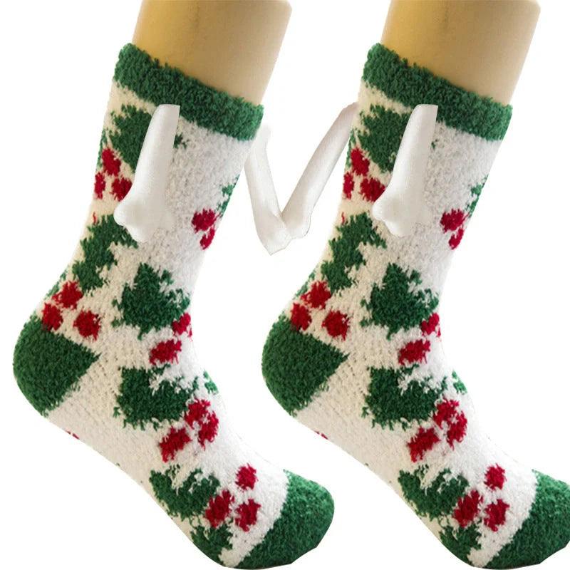 Christmas couple socks with magnetic suction feature for hand holding, festive 3D animal patterns