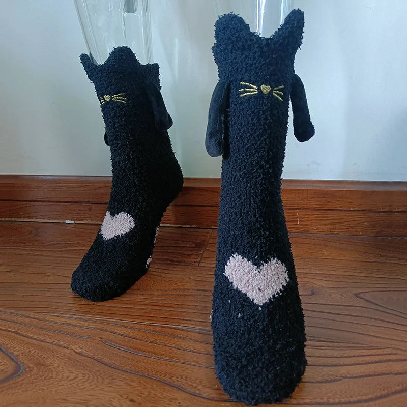 Christmas couple socks with magnetic suction feature for hand holding, festive 3D animal patterns