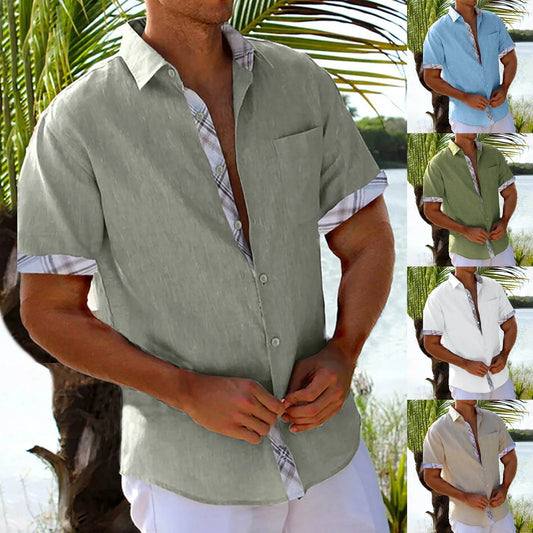 Men's summer plaid short sleeve shirt with unique side detail for beach and vacation wear