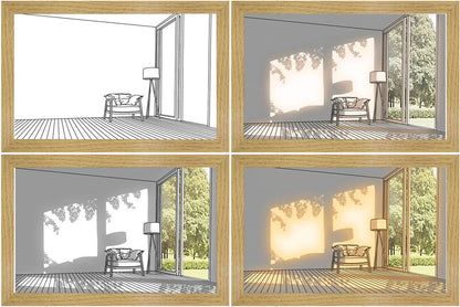 Illuminating LED picture light with customizable lighting modes, showcasing various nature scenes and cityscapes