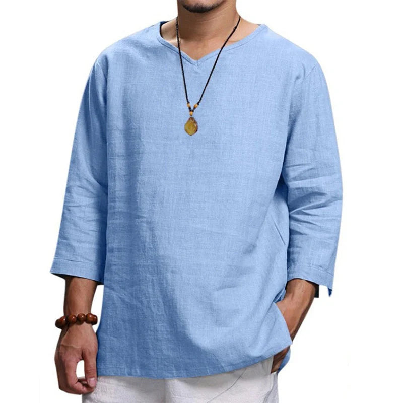 Versatile linen-blend men's v-neck pullover shirt in various colours and sizes