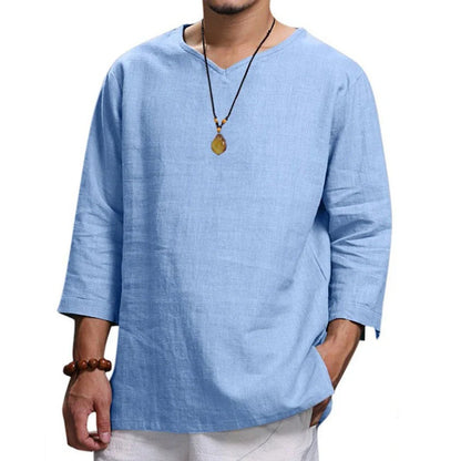 Versatile linen-blend men's v-neck pullover shirt in various colours and sizes