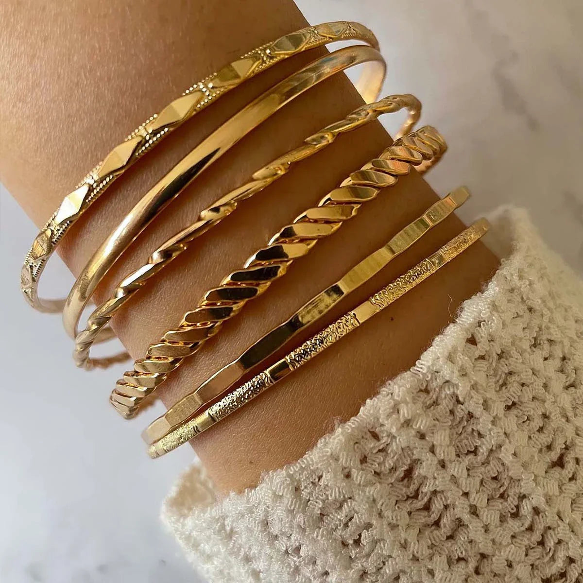 Bohemian Metal Chain Bracelet Set with Geometric Gold-tone Links for Women