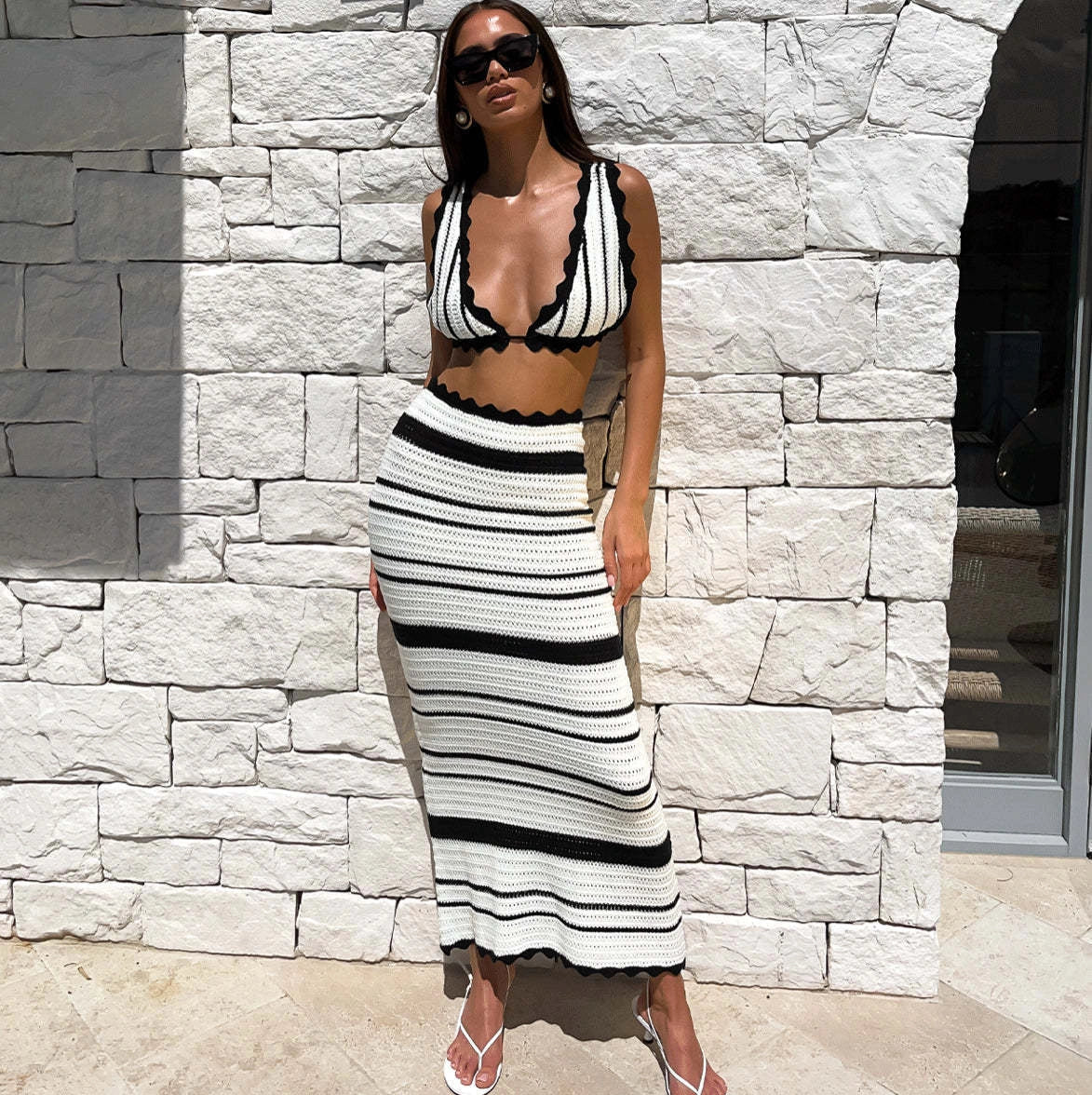 Women's 2-piece striped bikini set with sling top and skirt