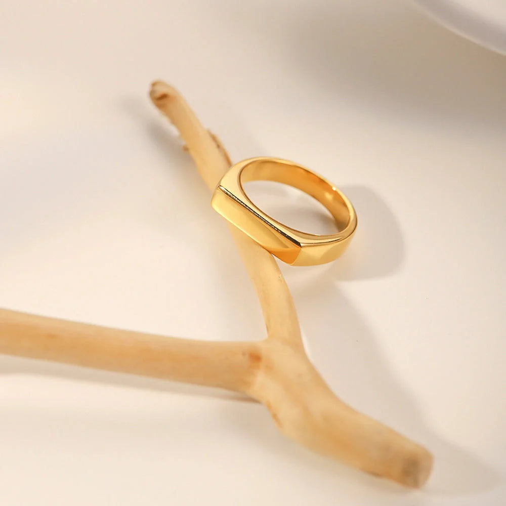 Elegant French retro gold titanium steel ring with geometric design