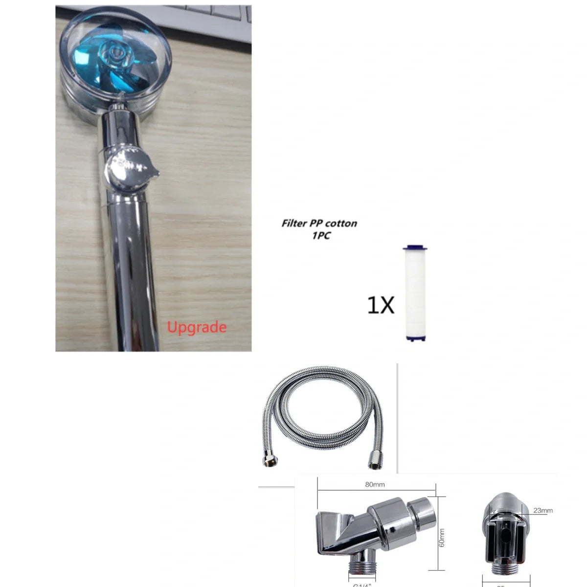 Turbo Propeller Shower Head in various colours with 360-degree fan extension