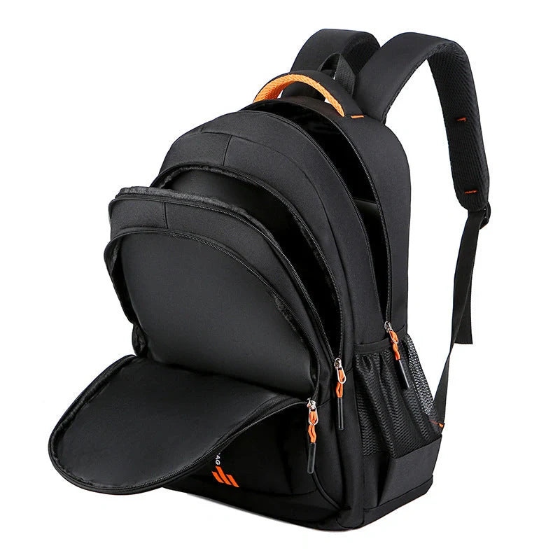 Men's large capacity anti-theft computer backpack in green, blue, black, and orange