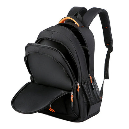 Men's large capacity anti-theft computer backpack in green, blue, black, and orange