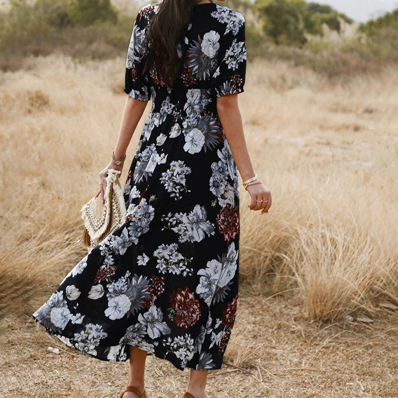 Floral summer beach dress with V-neck and elastic waist for women