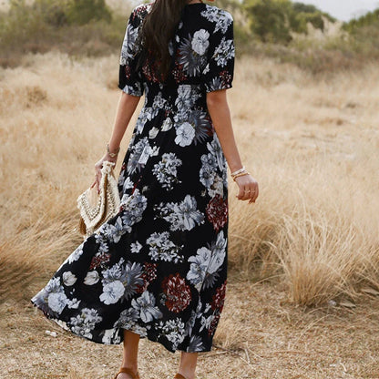Floral summer beach dress with V-neck and elastic waist for women