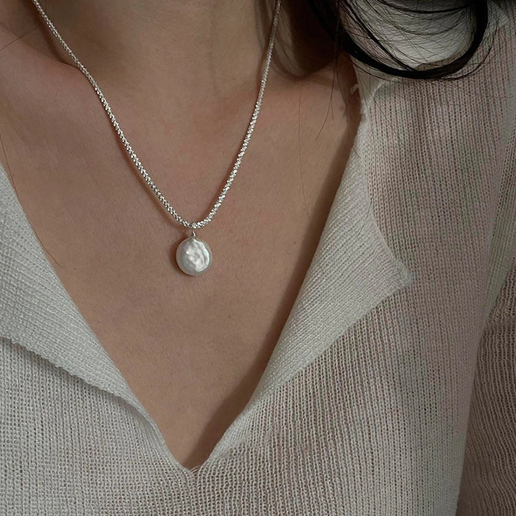 Elegant S925 Sterling Silver Baroque Pearl Necklace with starry sky chain