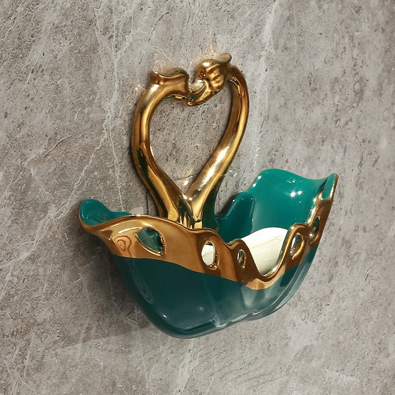 Ceramic Swan Soap Box in green, white, and pink with suction cup for wall mounting