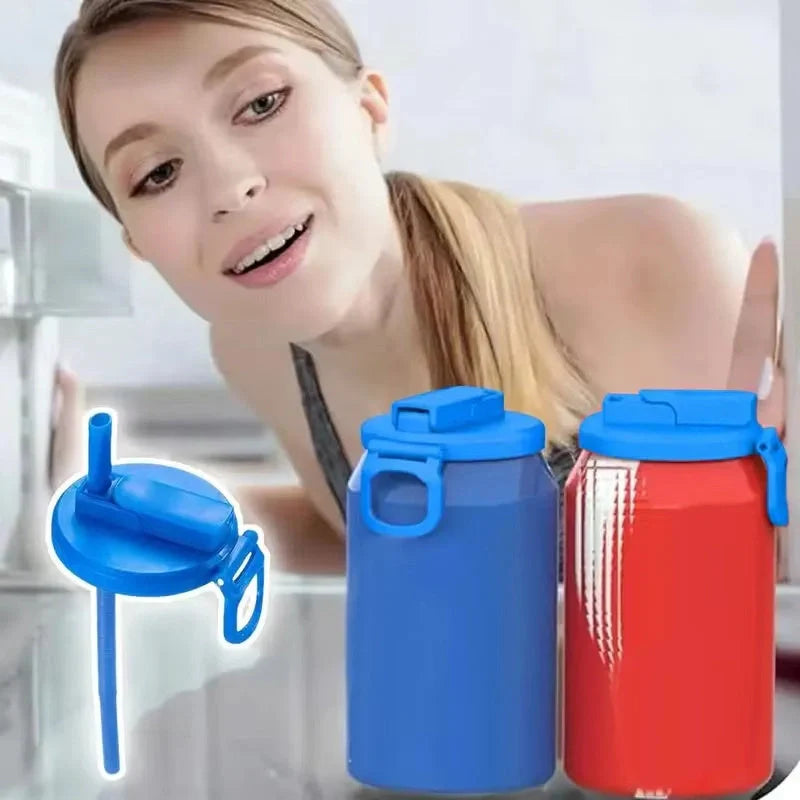Reusable soda can lid with straw in various colours, fitting standard Coke cans
