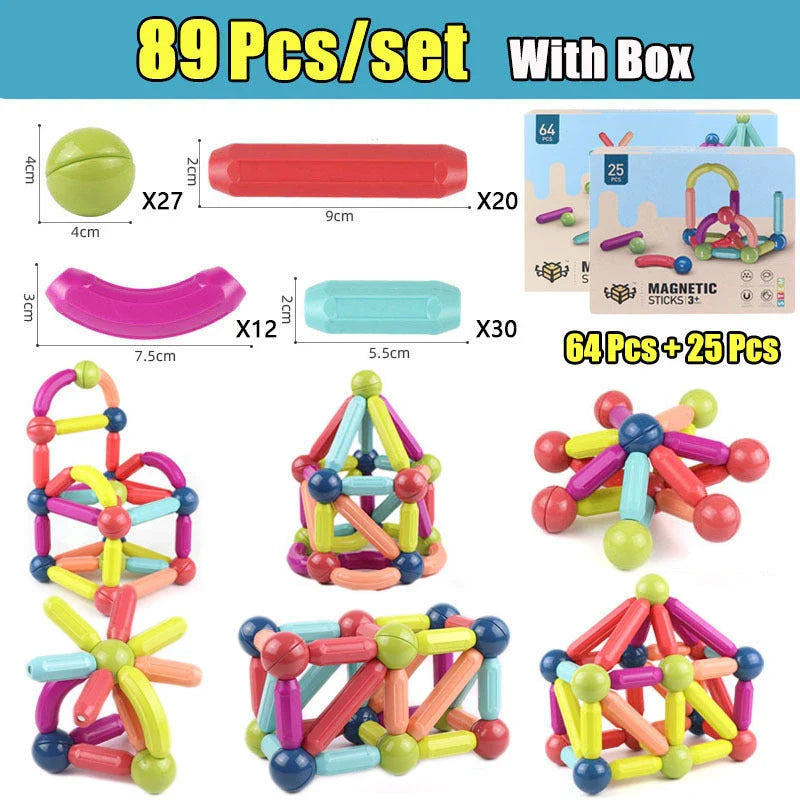Versatile magnetic construction set with various building blocks and rods, allowing children to create imaginative structures and models