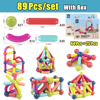 Versatile magnetic construction set with various building blocks and rods, allowing children to create imaginative structures and models