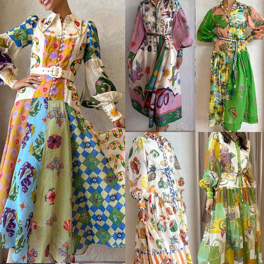 Women's A-line beach dress with long lantern sleeves in various colours