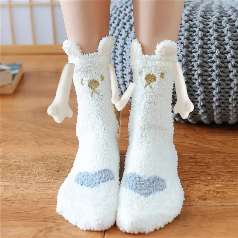 Christmas couple socks with magnetic suction feature for hand holding, festive 3D animal patterns