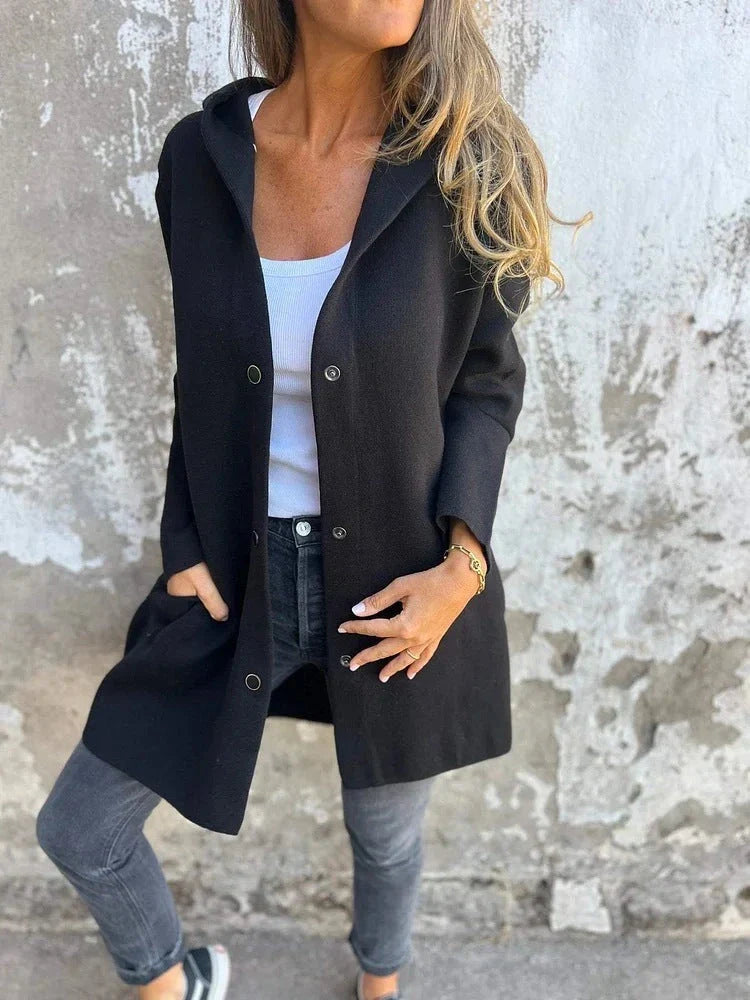 A stylish hooded cardigan jacket in various colors, featuring a single-breasted design and adjustable hood for versatile fashion.