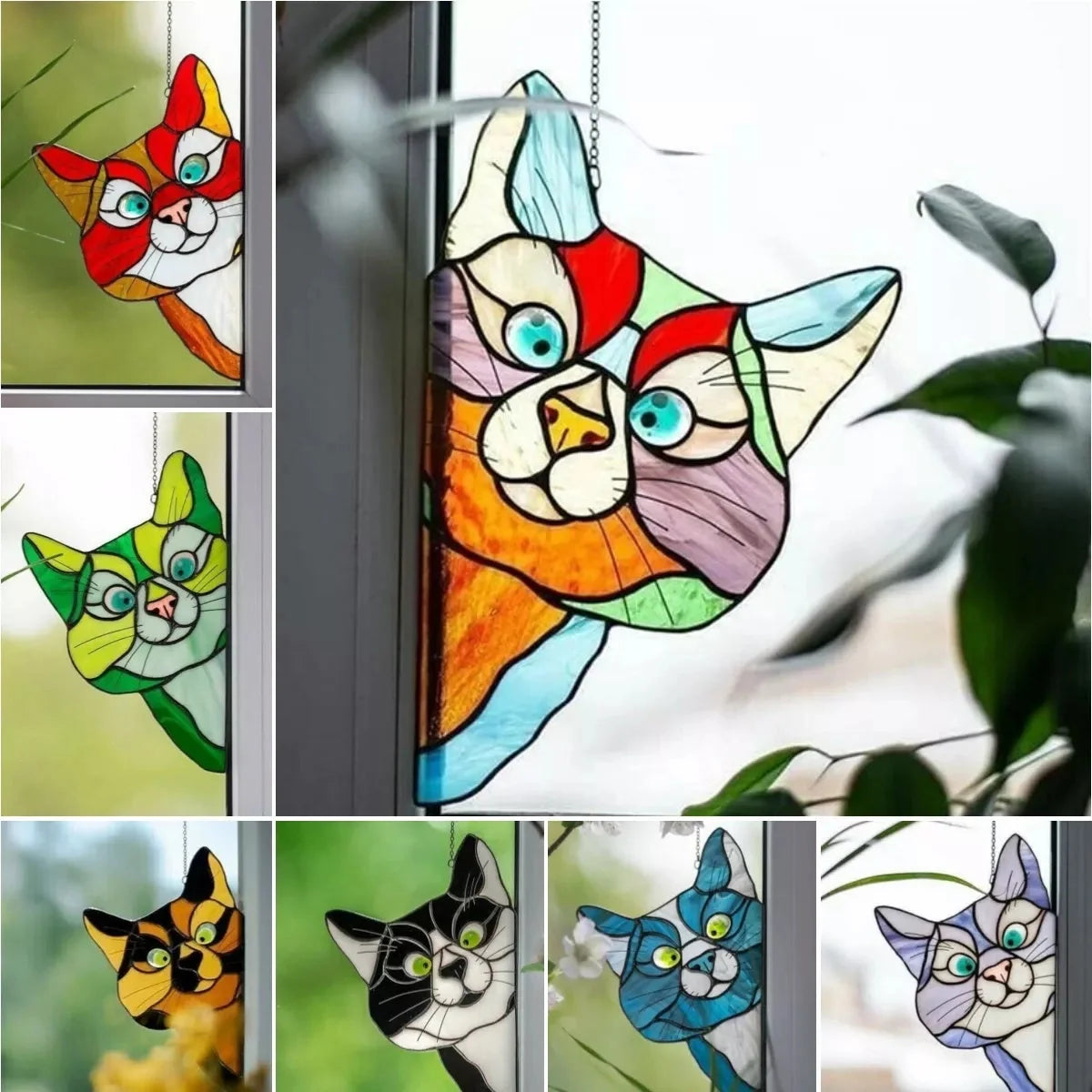Colourful stained glass cat window hanger decoration, reusable PVC sticker