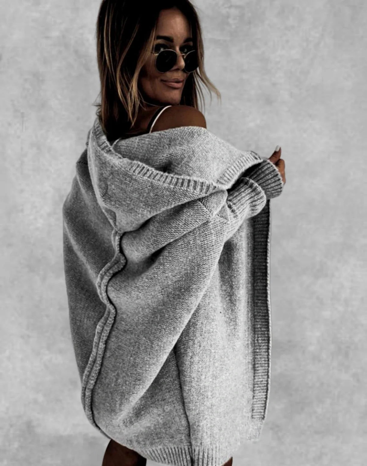 Women's bat sleeve hooded cardigan in sheep wool blend, available in multiple colours